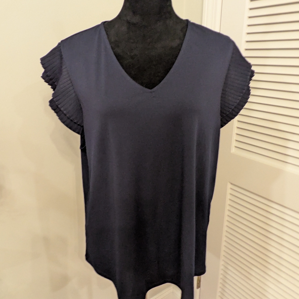 Adrianna Papell Navy Blouse with Pleated Sleeves Size XXL